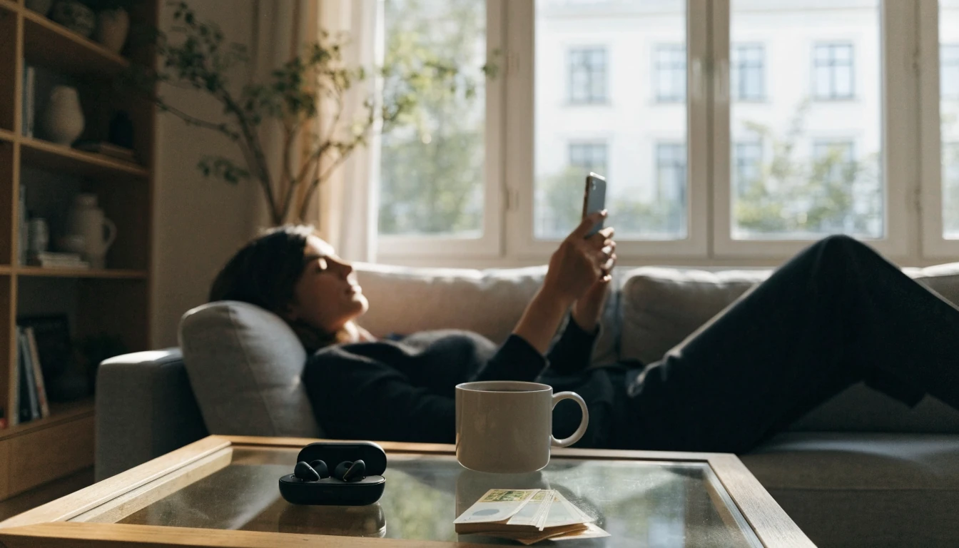 Person i svensk vardagsrum med mobiltelefon och svenska kronors sedlar
