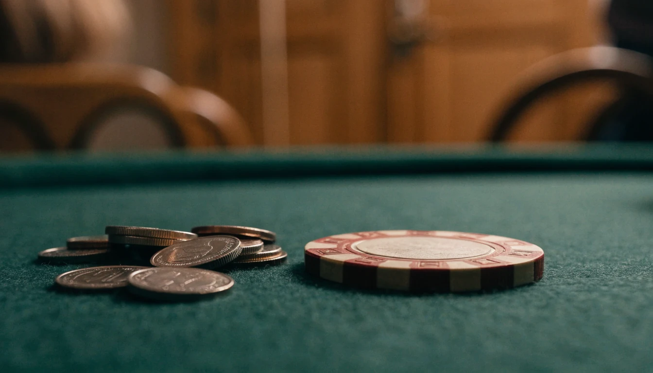Svensk 20-kronors mynt bredvid en casinotablett på grönt filtunderlag