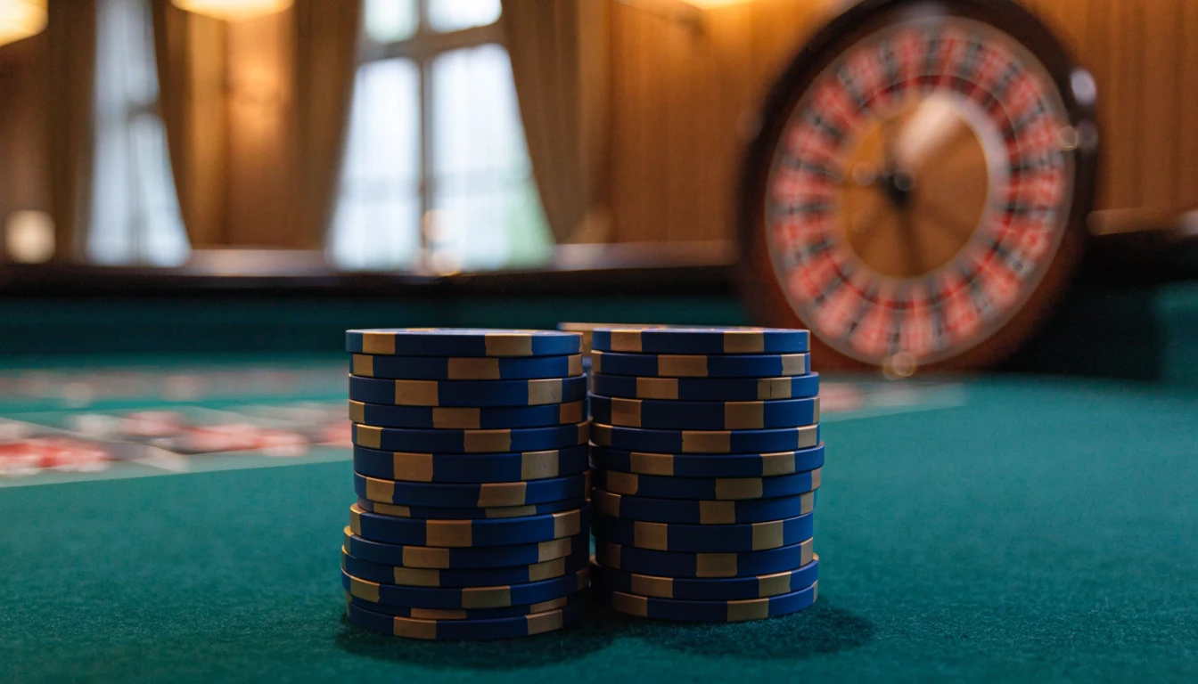 Casinobord med marker i svensk blå och guld, roulette i bakgrunden