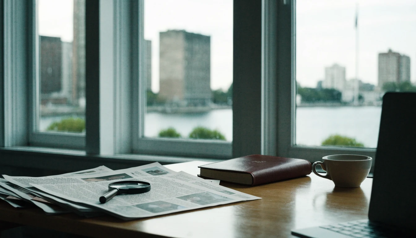 Skrivbord med dokumenter och förstoringsglas vid fönster med utsikt över Stockholm.