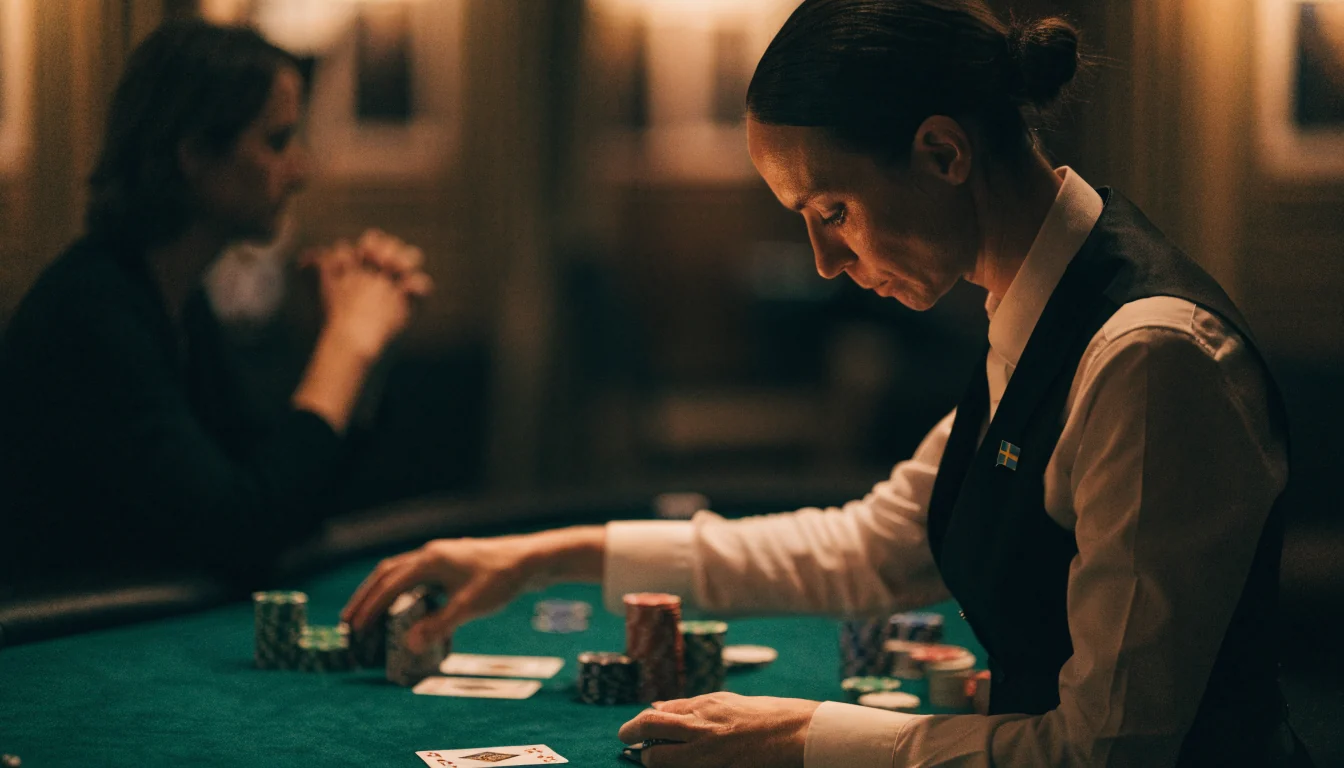 Professionell dealer vid ett live blackjackbord med marker och öppna kort