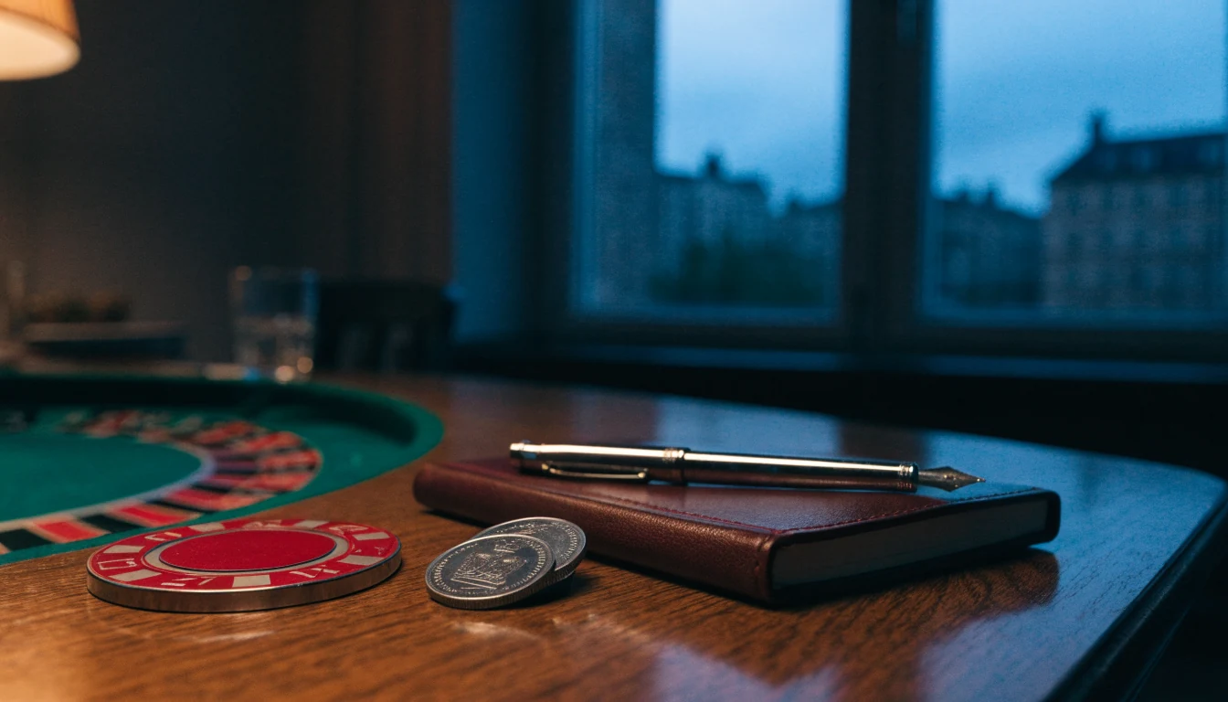 Casinochip, roulette och kronor på ett skrivbord i svensk hemmiljö
