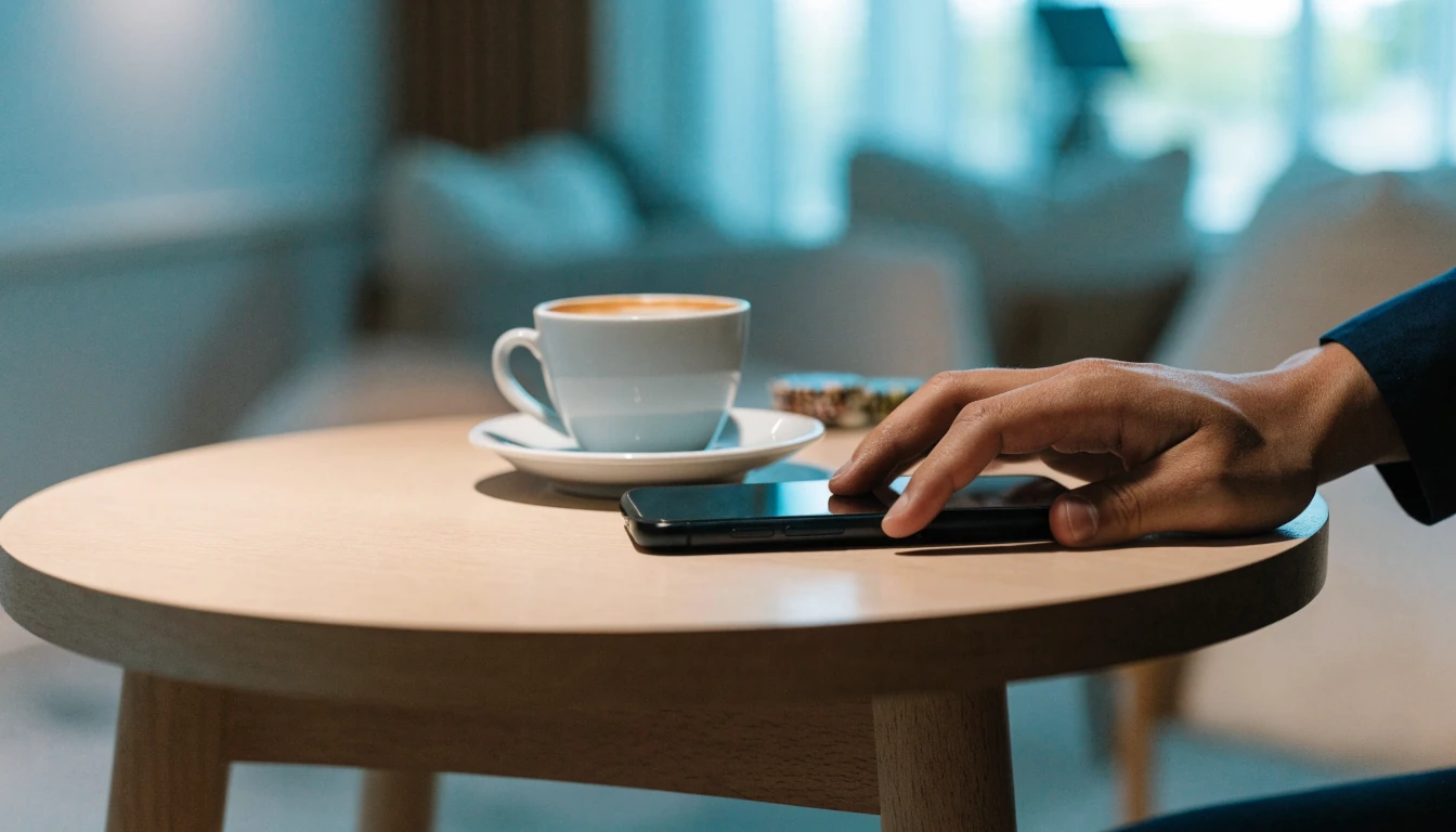 Hand med smartphone vid ett minimalistiskt nordiskt bord, symboliserar mobilbetalning för casino.