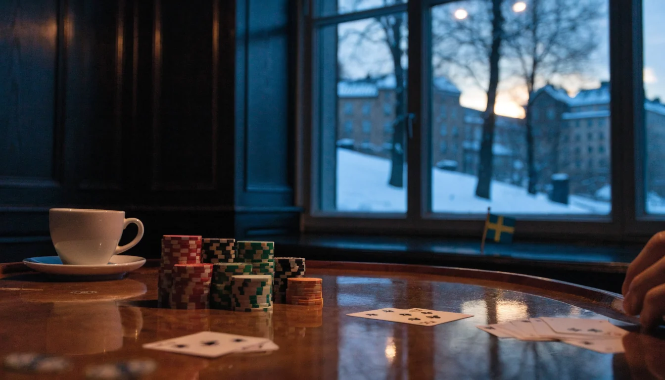 Blackjack-bord med marker och kort i ett mysigt vinterrum i Stockholm