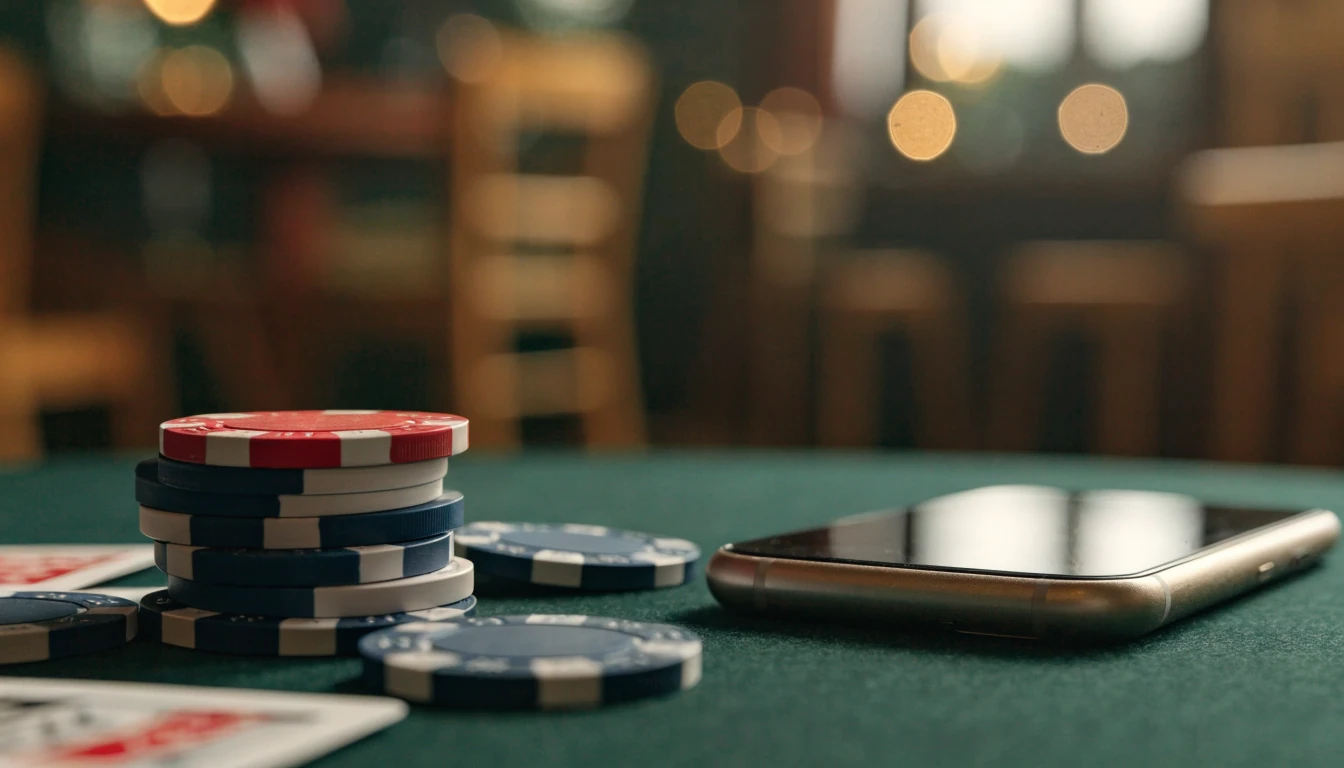 Casinochips, spelkort och en vänd smartphone på ett grönt casinobord i varm belysning