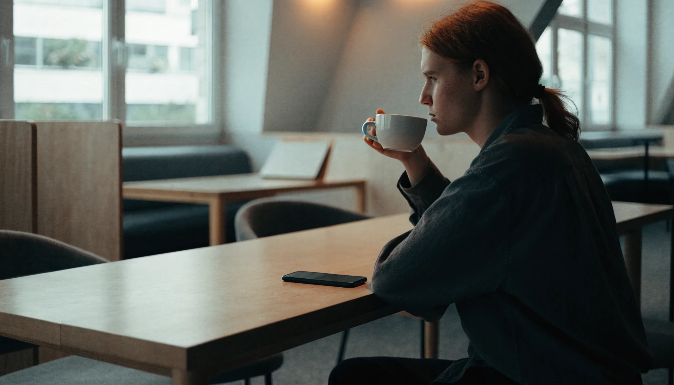 Svensk person vid ett nordiskt café med stängd mobiltelefon, symboliserar ansvarsfullt casinospel