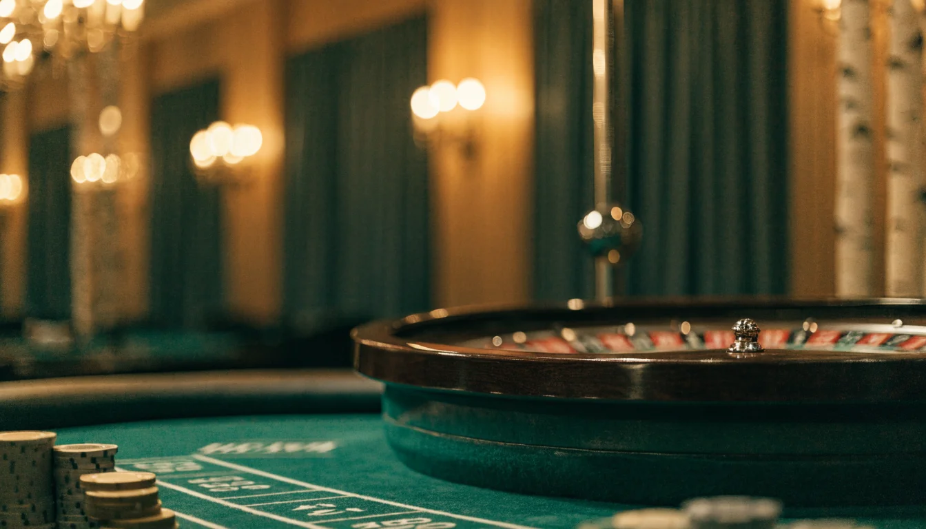 Lyxig casinobord med roulettehjul och marker i varm belysning