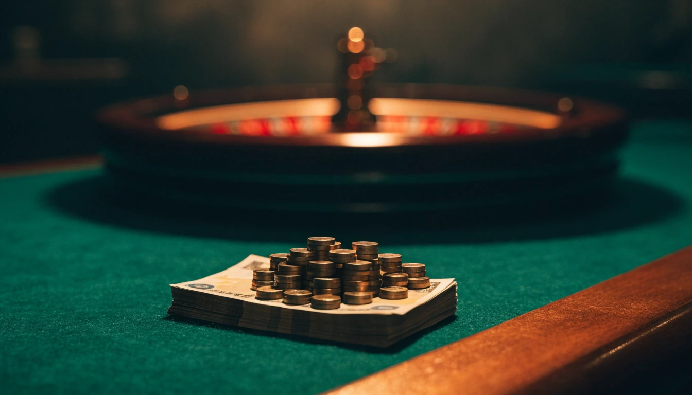 Sedlar och casinofpåmarker på ett filtbord