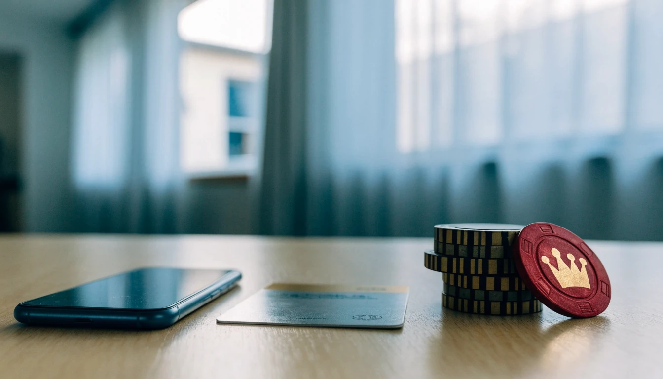 Svenskt ID-kort, casinojetonger och en smartphone på ett skandinaviskt skrivbord