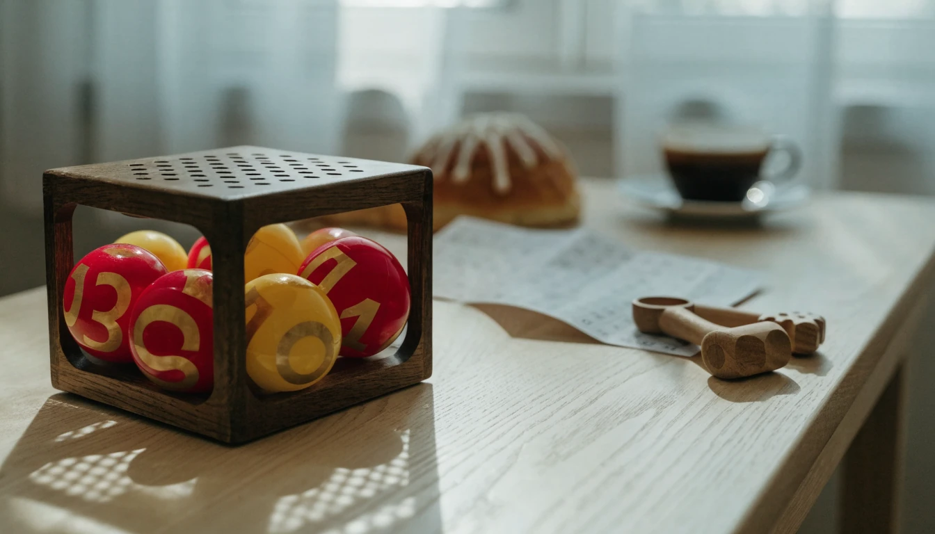 Bingobollar i trähjul bredvid bingobricka på skandinaviskt bord med fika