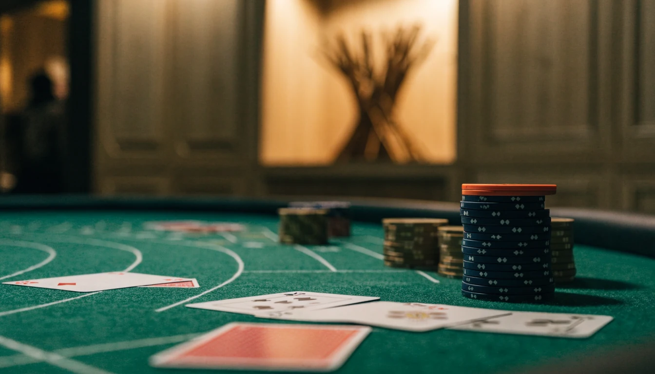 Blackjackbord med marker och kort på ett elegant svenskt casino