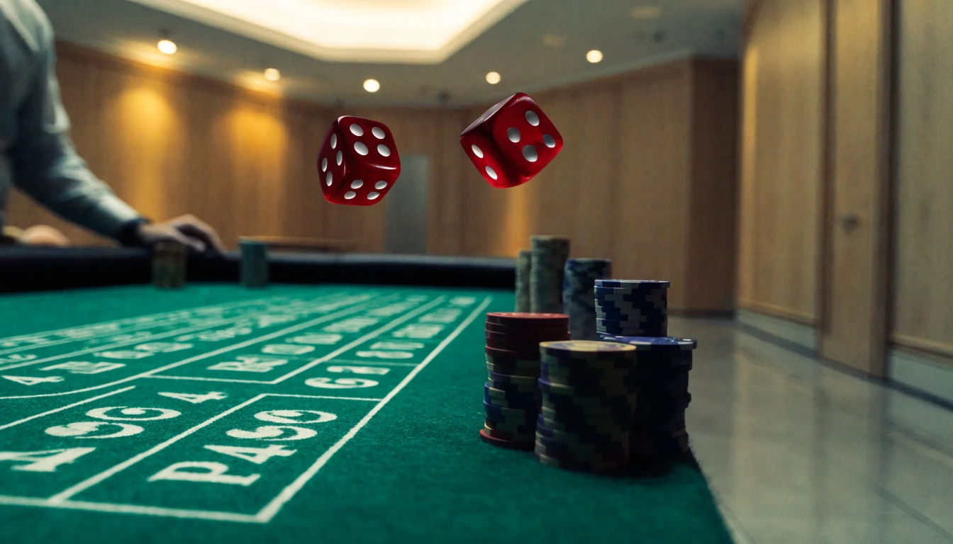 Craps-bord med tärningar och marker i modernt skandinaviskt casino