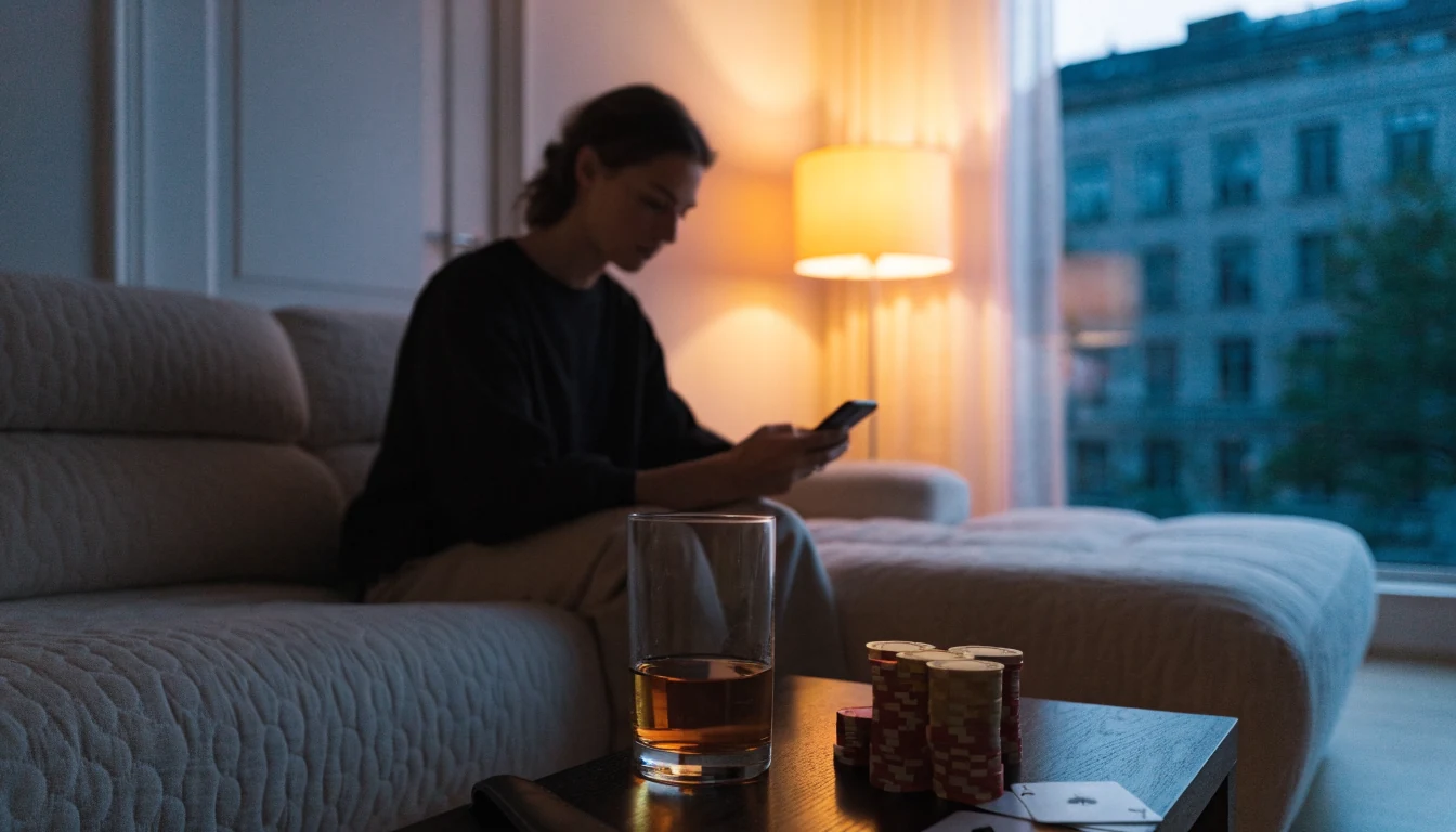 Modernt vardagsrum med casinotema och staplade marker