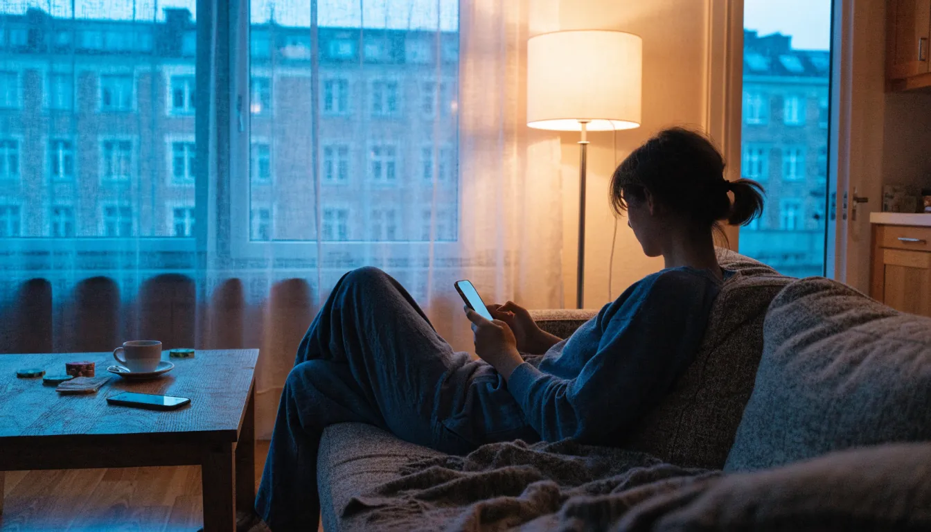 Avslappnad person med mobiltelefon och spelmarker i mysig svensk lägenhet