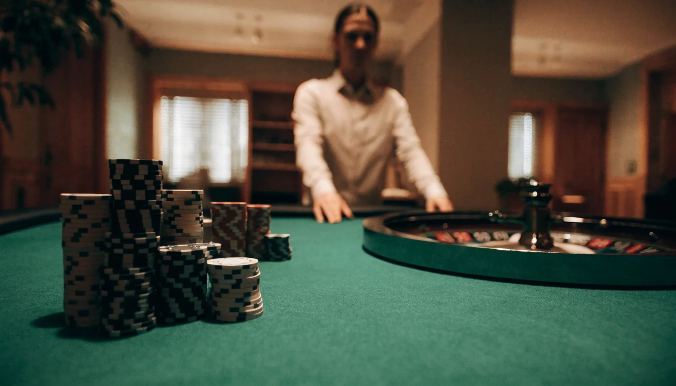 Live dealer-studioscen med roulettehjul och casinofigurer