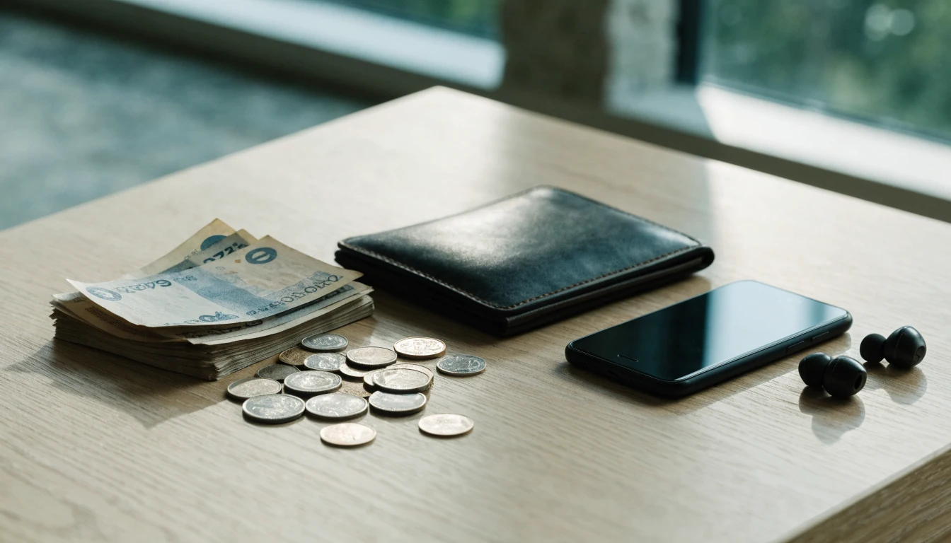 Svenska kronor sedlar och mynt på ett skrivbord bredvid en smartphone