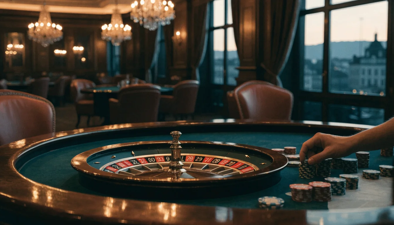 Elegant casinointeriör med roulettebord och lysande ljuskronor