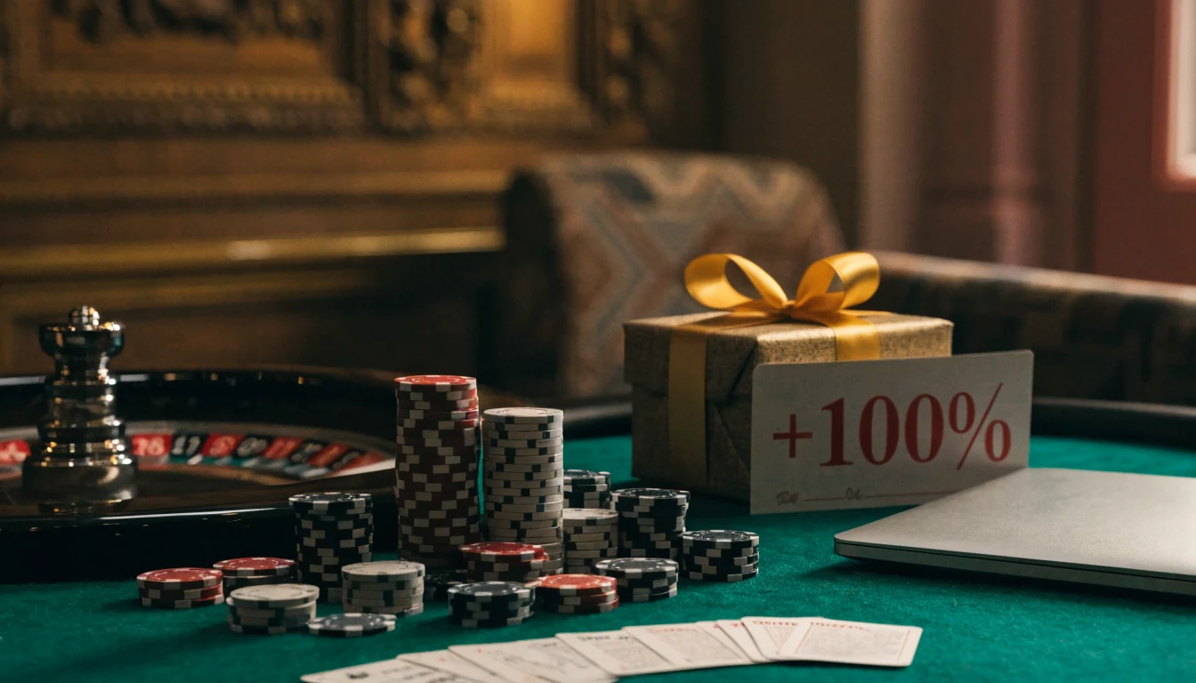 Casinobord med marker, roulette och en stängd laptop bredvid en välkomstbonusgåva