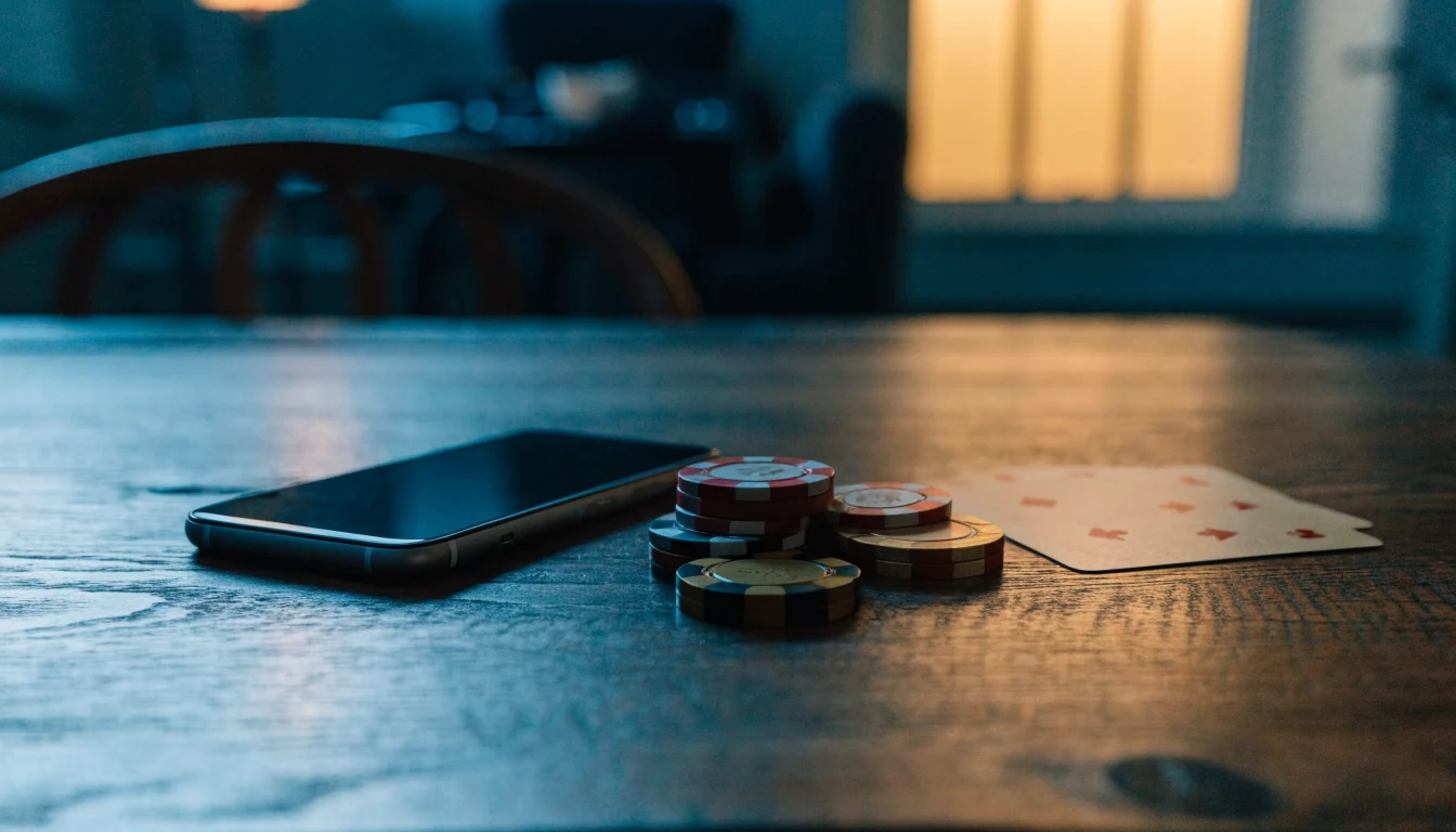 Smartphone med casinoleksaker på ett svenskt bord