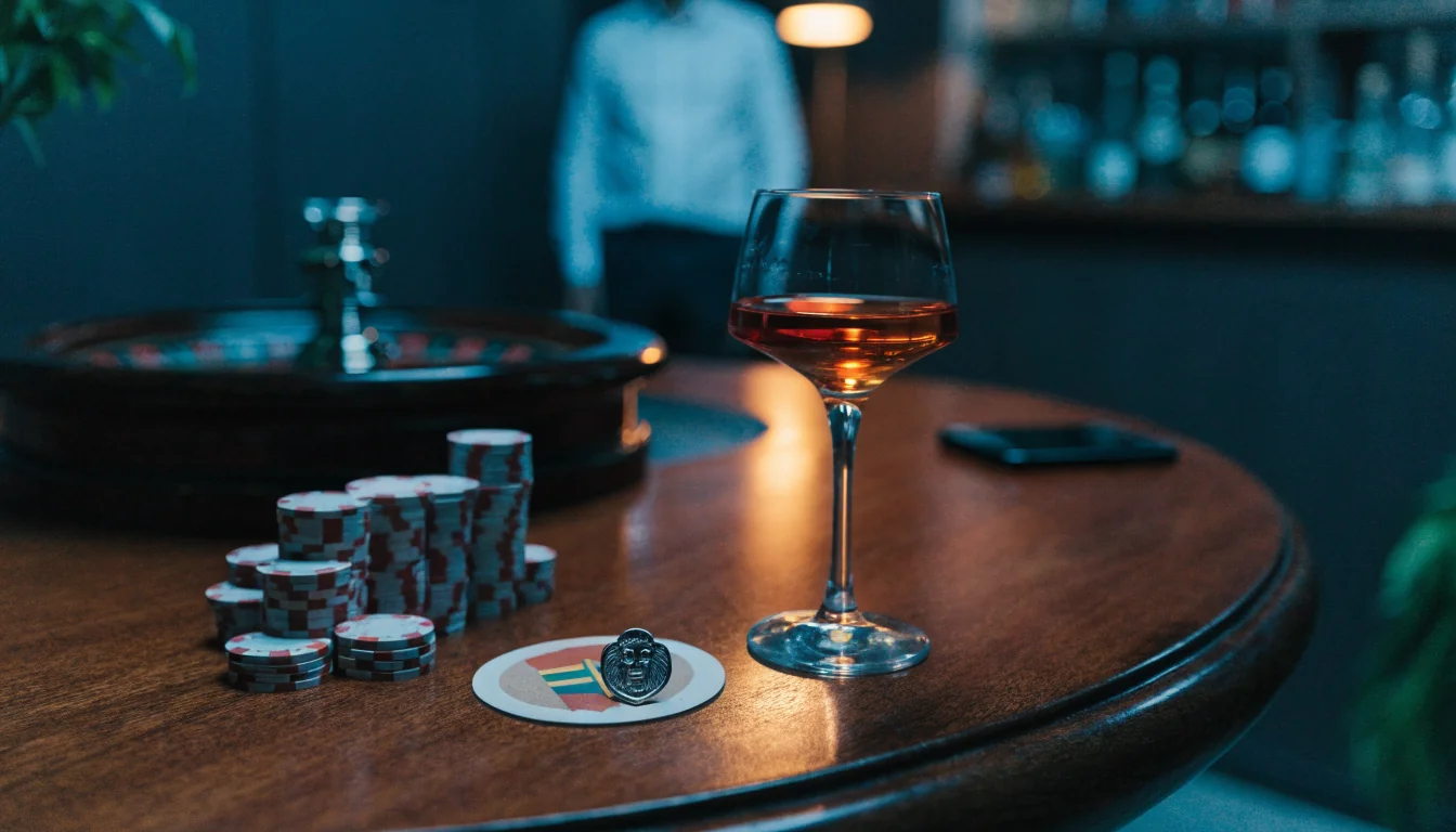 Elegant casinobord med roulette, marker och svensk detalj i bakgrunden