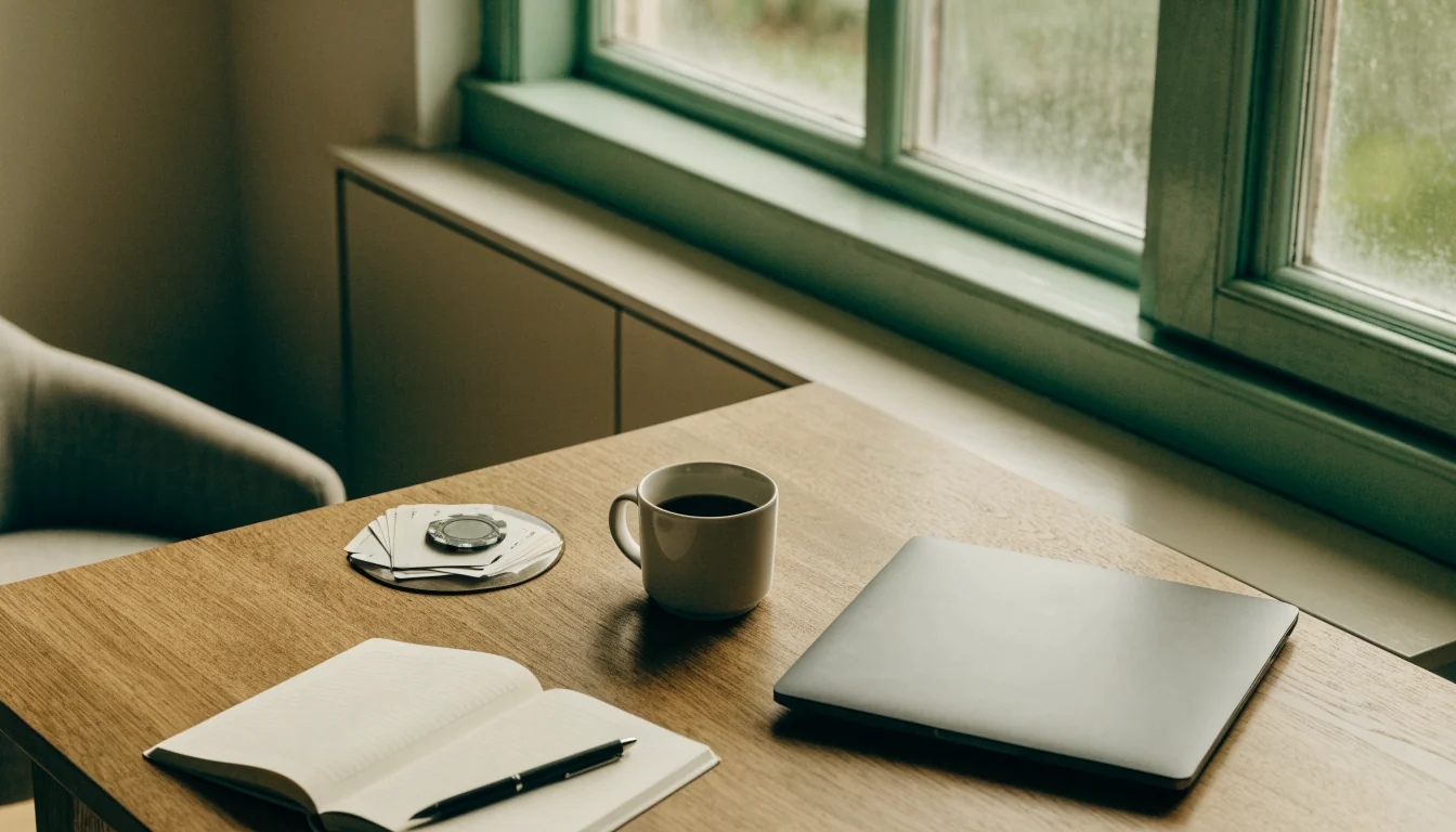 Skandinaviskt hemmakontor med anteckningsbok, kaffekopp och en spelmark bredvid en stängd laptop.