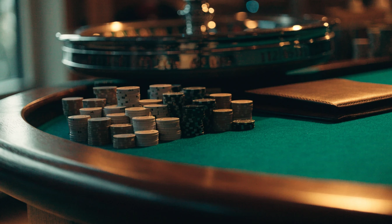 Casinobord med marker, roulette och stängd dokumentmapp i blågul belysning