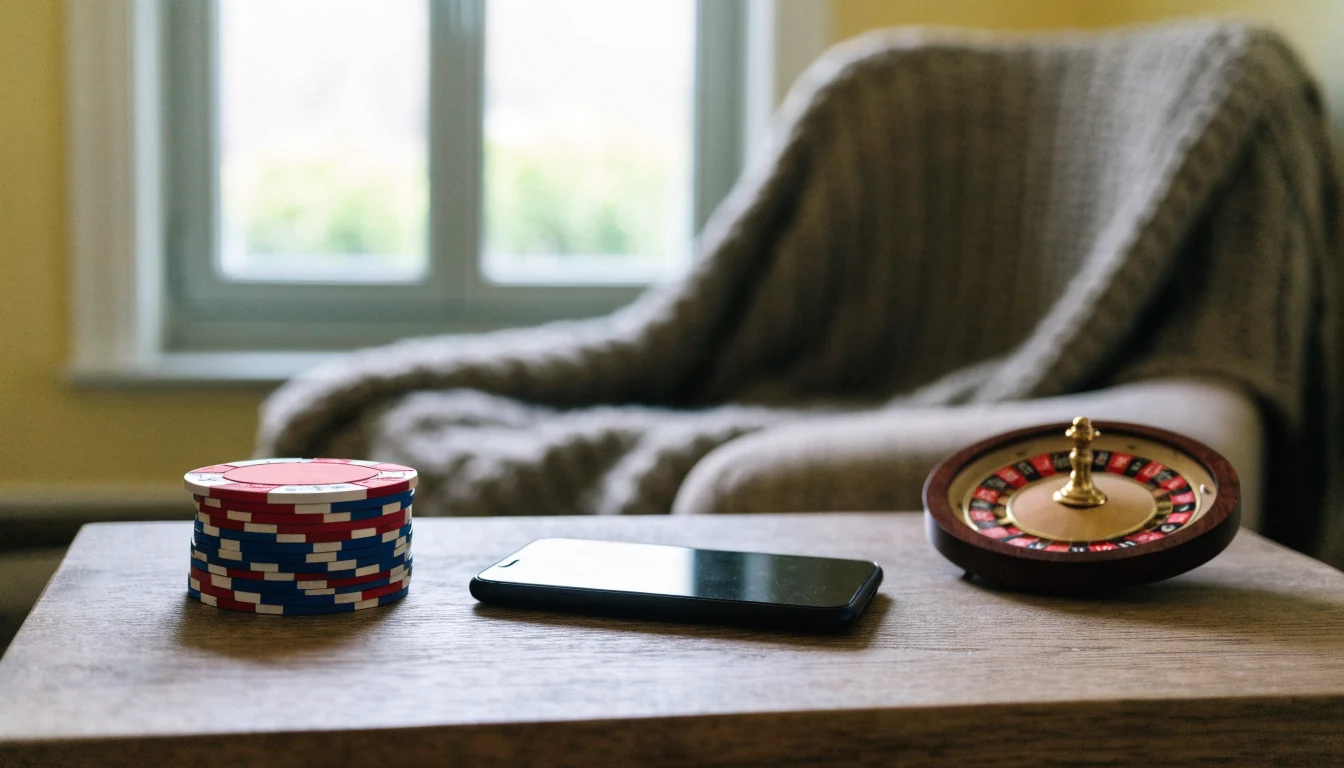 Modernt svenskt vardagsrum med casinotillbehör på soffbordet