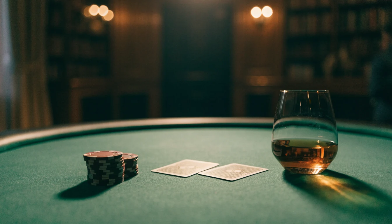 Casinobord med marker, spelkort och whiskyglas i dämpat ljus
