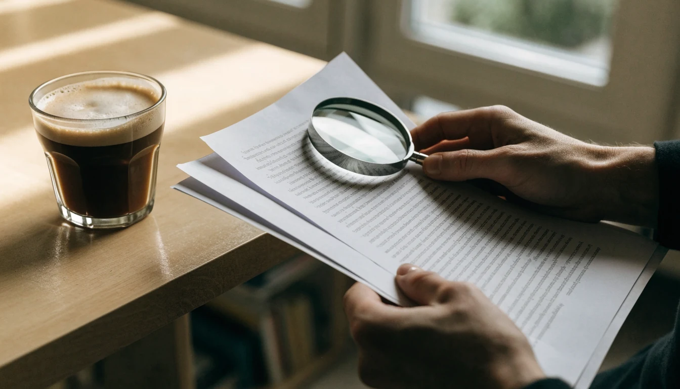 Händer som läser finstilt text med förstoringsglas och kaffe