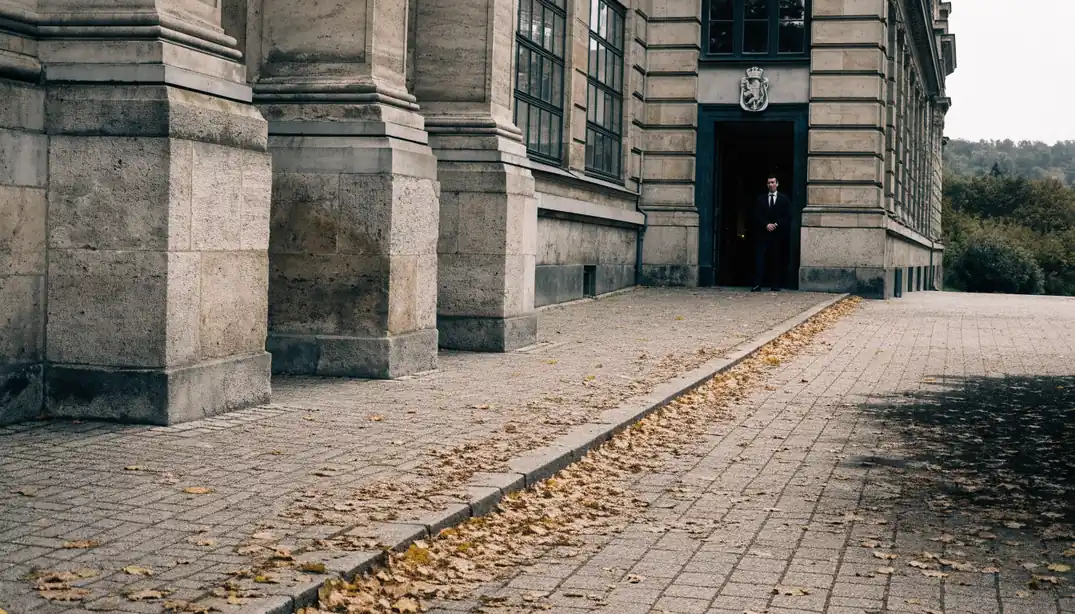 Tjänstebyggnad i Stockholm med vakt och höstlöv