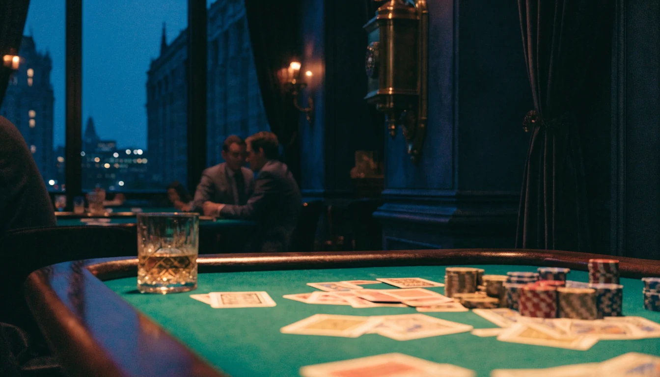 Stämningsfull bild av en lyxig casinolounge med spelbord och utsikt över nordisk stadskväll