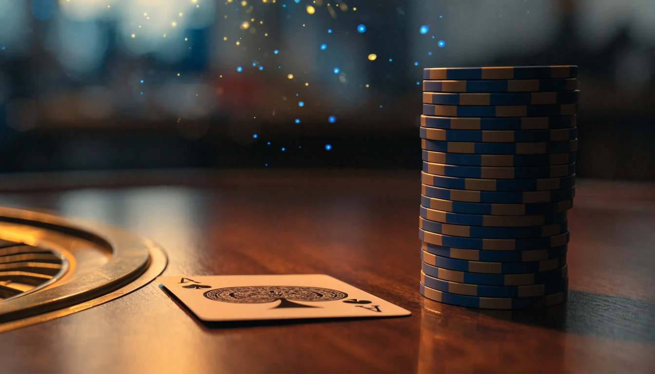 Casinochips, ett ess och blå-gula ljuspartiklar som symboliserar slumpen i svenskt nätcasino 2026
