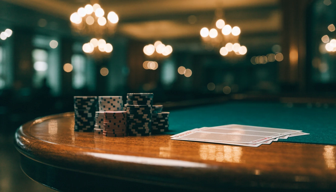 Elegant casinobord med kortlek och marker i varm belysning