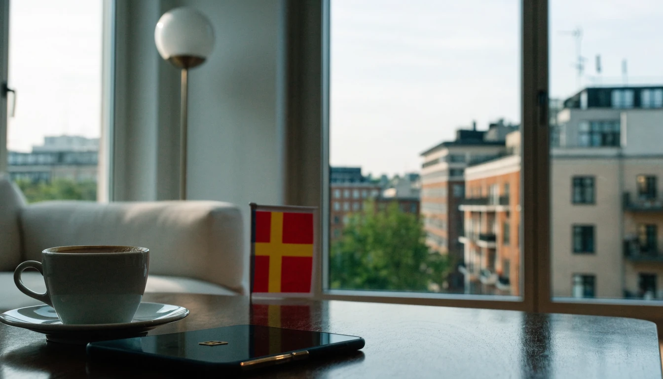 Stilren svensk vardagsrum med mobiltelefon på soffbordet och svensk flagga