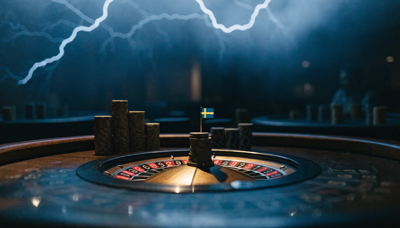 Elegant roulettebord med blixtar ovanför i en lyxig casinomiljö