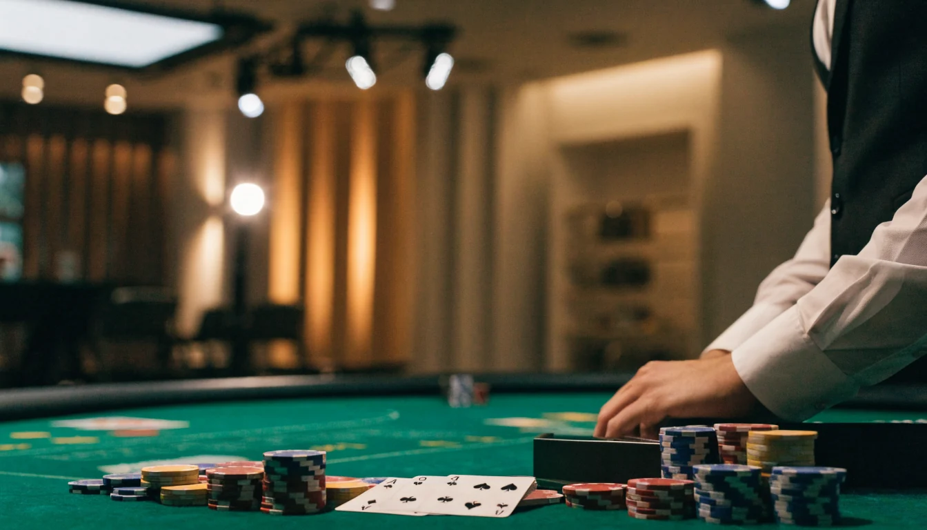 Professionellt blackjackbord med marker och dealer i casinostudio