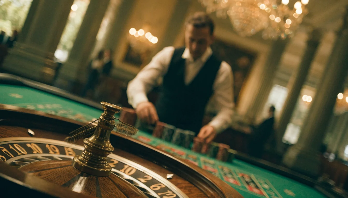 Live roulette-bord med snurrande hjul och croupier i elegant casinomiljö