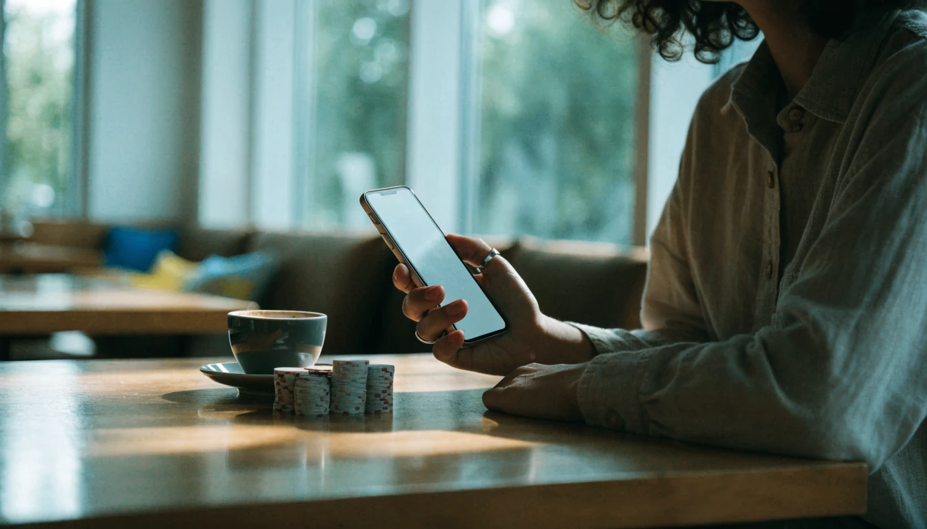 Person med smartphone i skandinavisk inredning, pokermarker på bordet bredvid