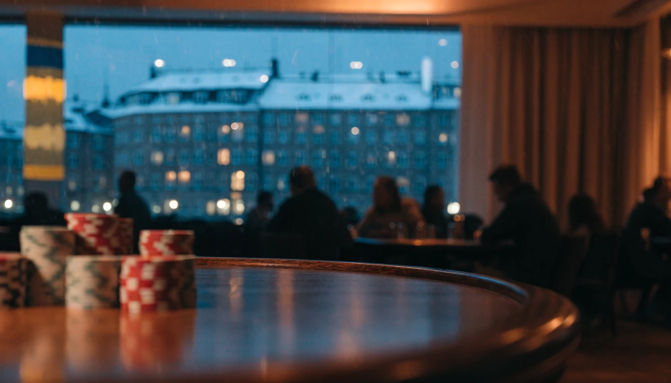 Modernt skandinaviskt casino med chipstackar och Stockholms silhuett