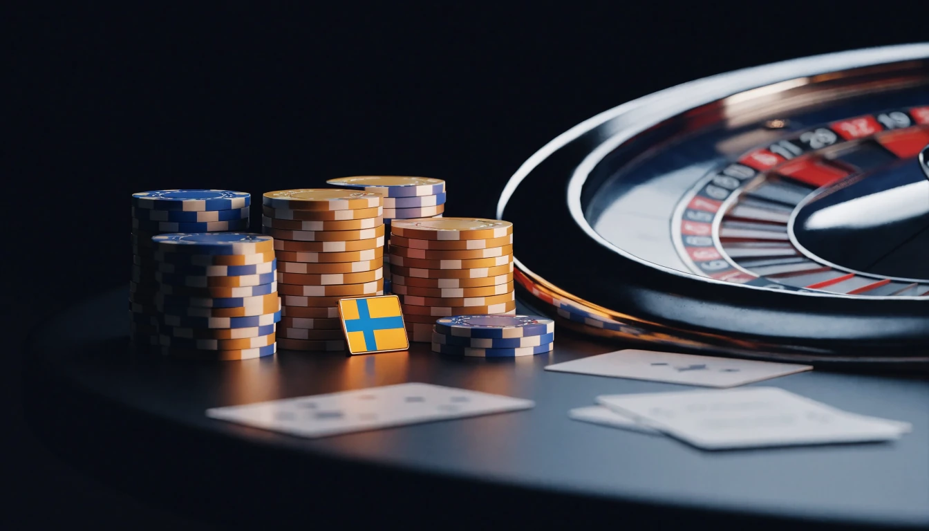 Stilren 3D-bild av ett modernt casinobord med marker, roulettehjul och spelkort i nordisk estetik.