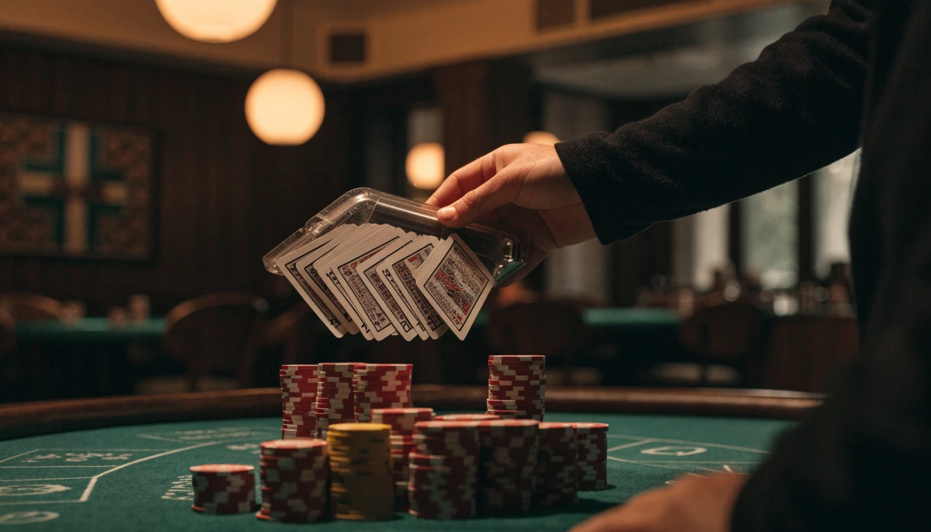 Blackjack-bord med kort och marker i skandinavisk casinomiljö