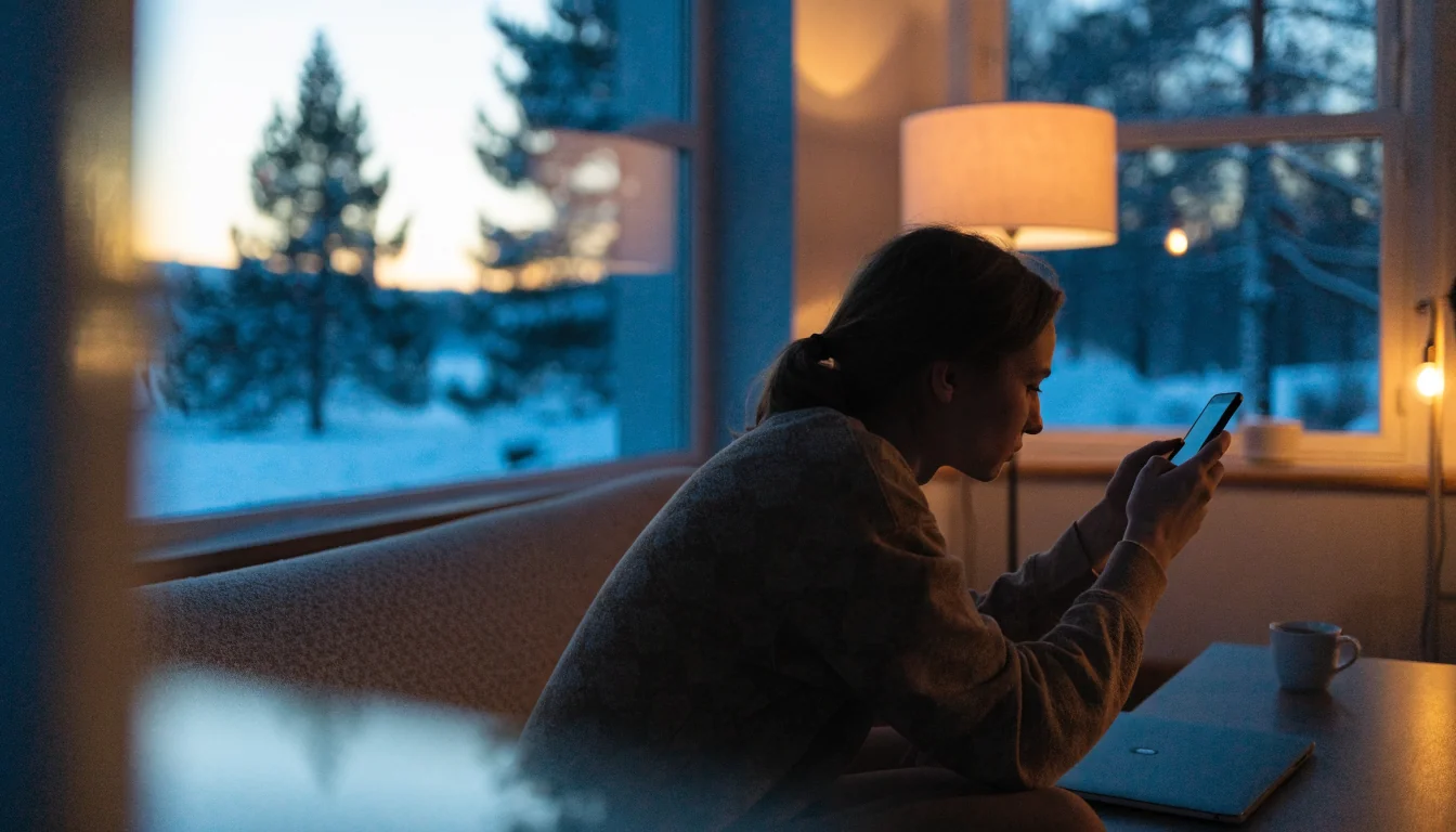 Person med smartphone i vintermysigt svenskt vardagsrum