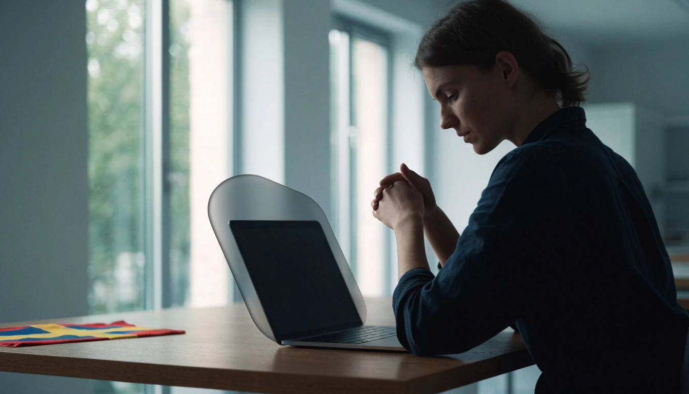 Person vid skrivbord med stängd laptop och digital sköld som symboliserar dataskydd