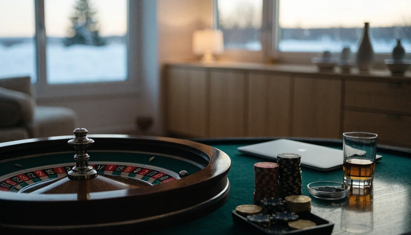 Roulettehjul med casinofärger på ett bord i modernt svenskt vardagsrum