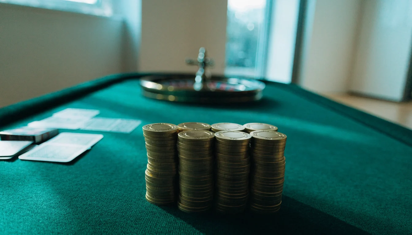 Casinobord med guldfärgade marker och roulettehjul i modern nordisk inredning