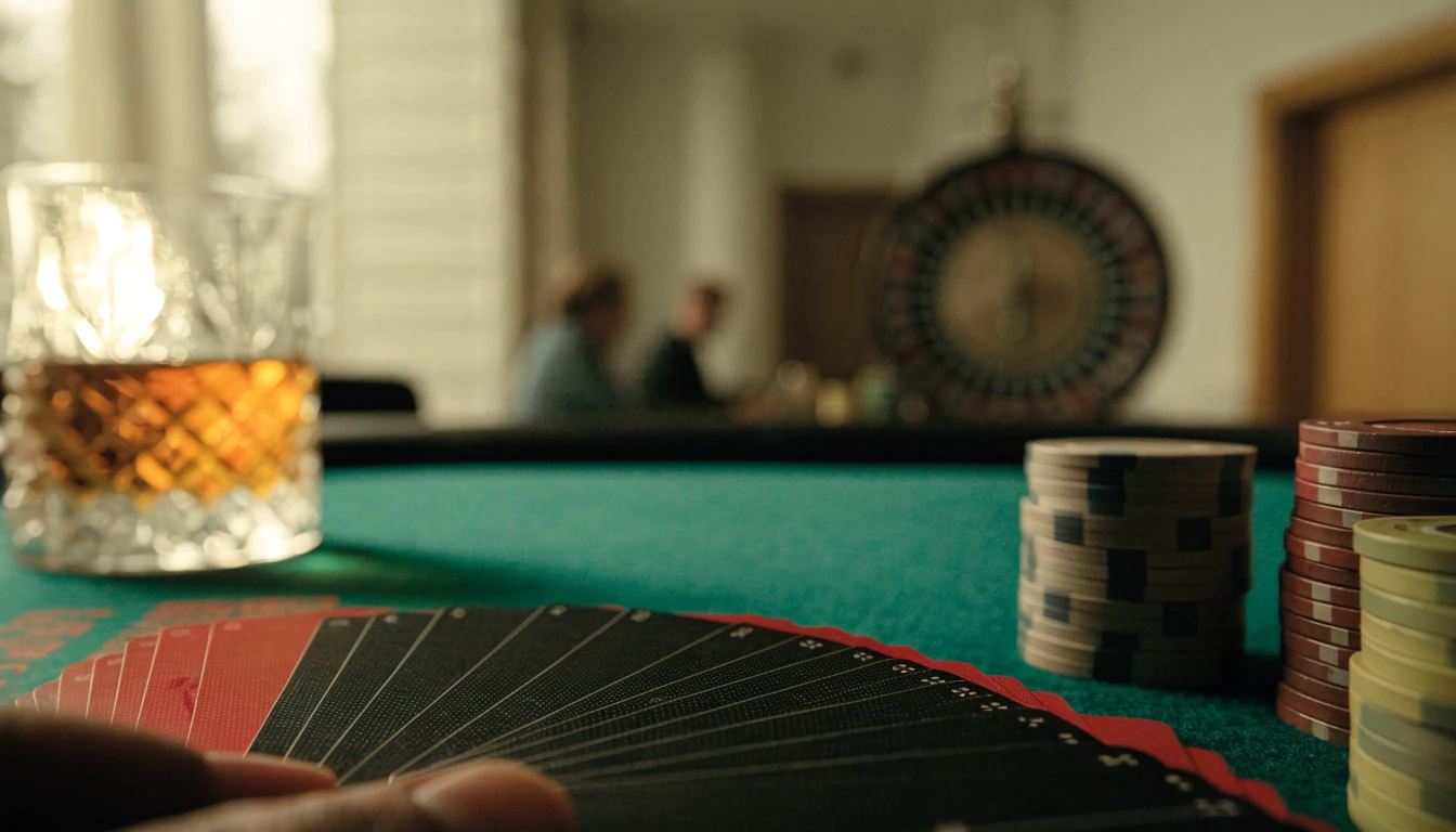Elegant blackjack-bord med kort och marker i varm belysning