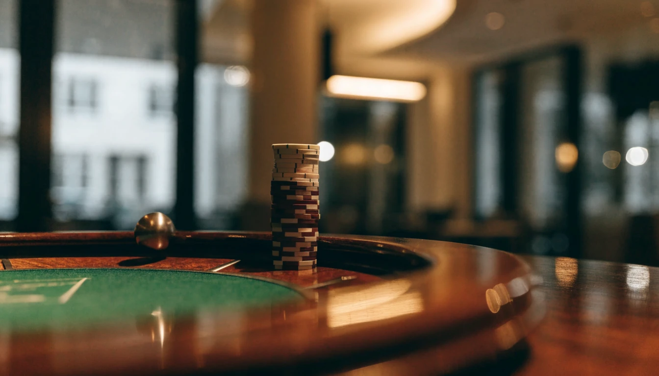 Elegant roulettehjul på ett mörkt casinobord med marker
