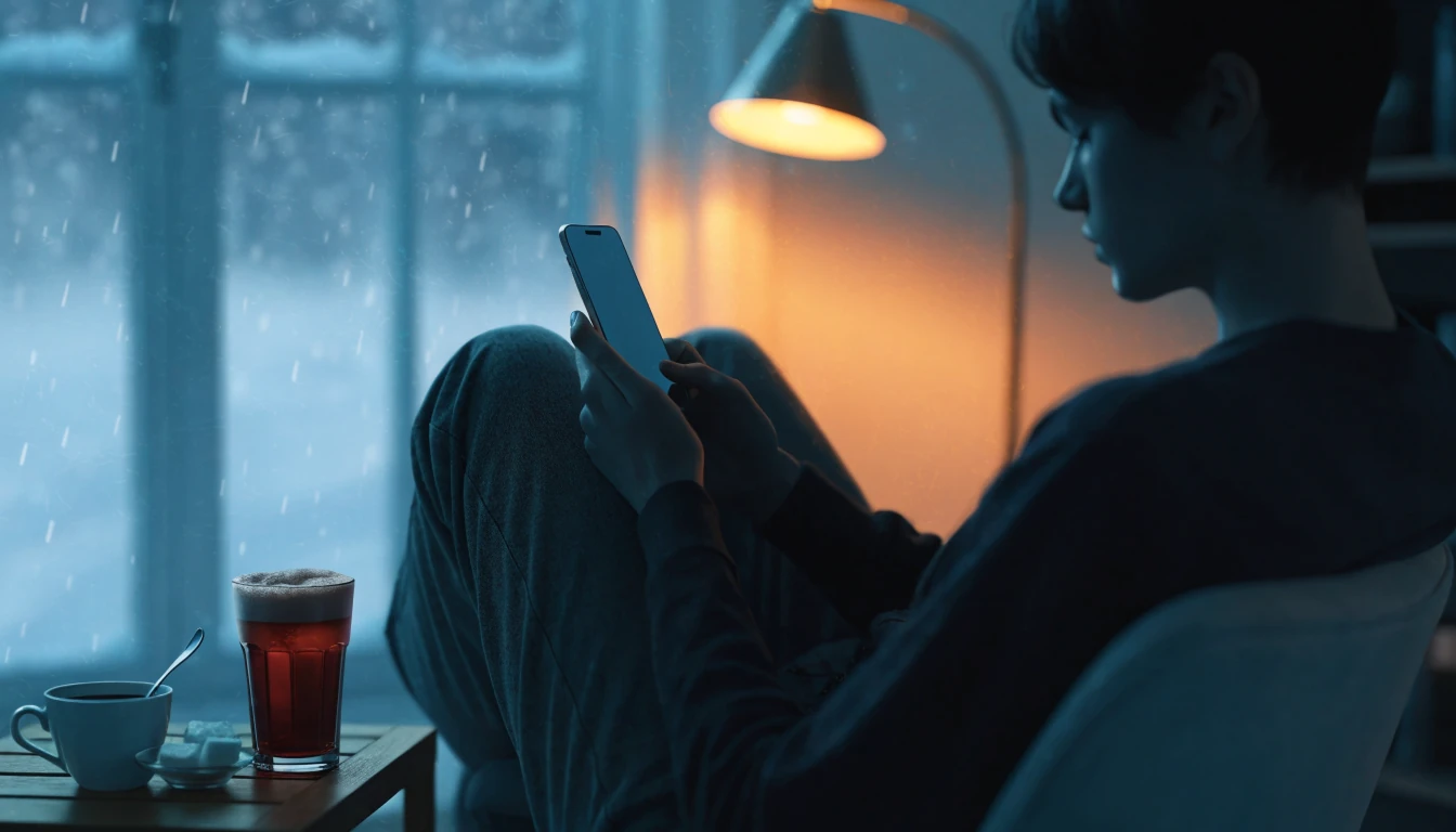 Person med telefon i mysig svensk vardagsmiljö