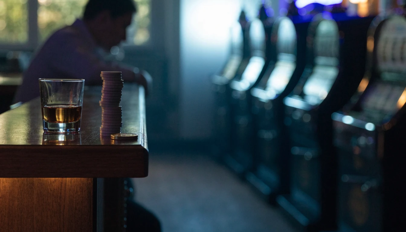 Stämningsfull bild av ett svenskt casinorum med spelautomater och casinomarker