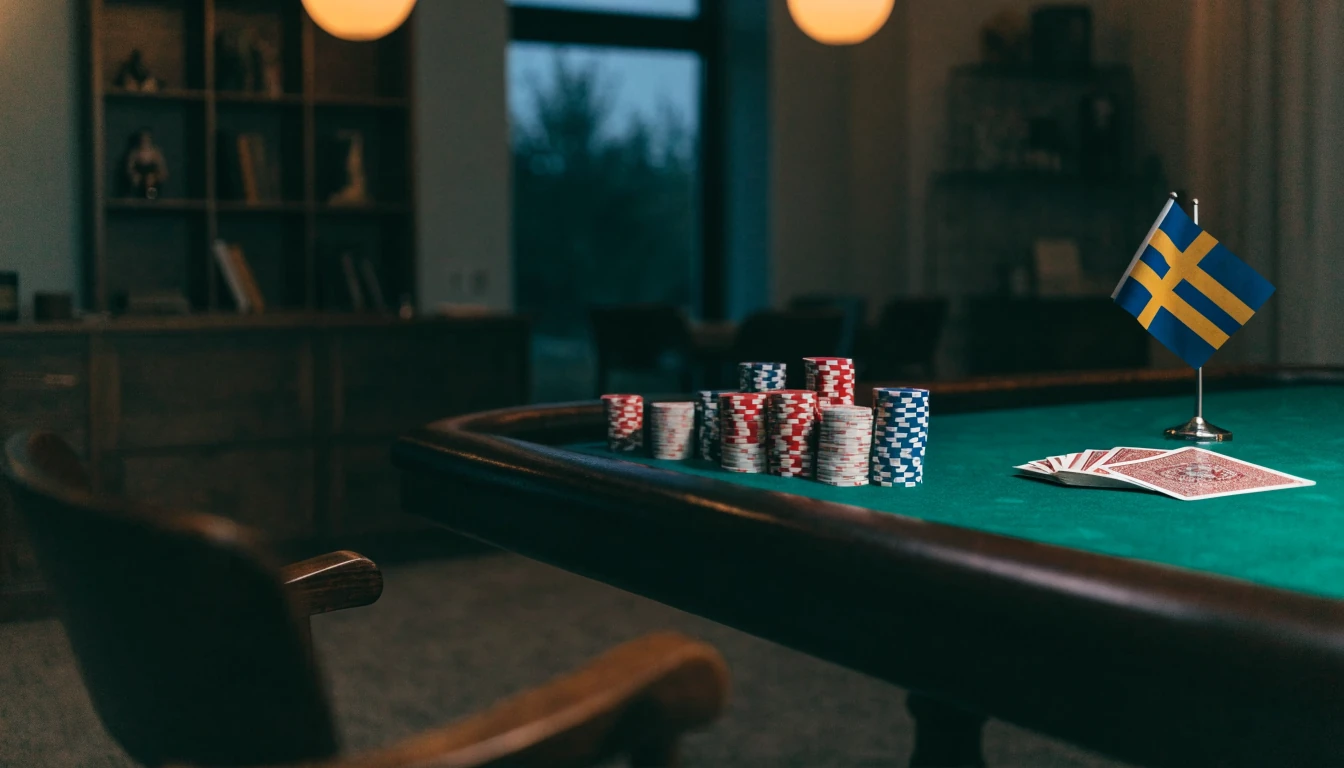 Elegant blackjackbord med marker och kort i skandinavisk casinomiljö